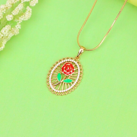 "Rose Gold Oval Pendant with Red Rose and Green Leaf Enamel Design, XPPT1379 - Picture 12 of 13